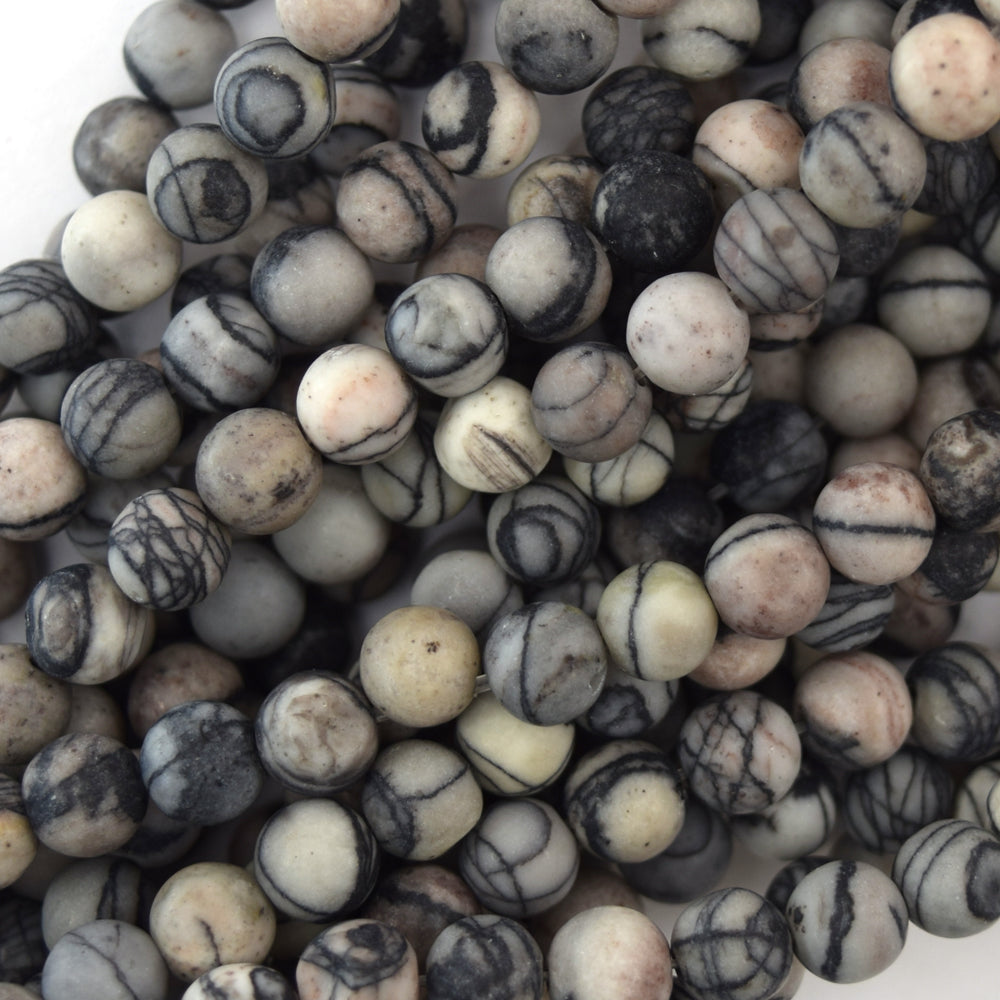 Natural Matte Black Spider Web Jasper Round Beads 15" Strand 6mm 8mm 10mm 12mm
