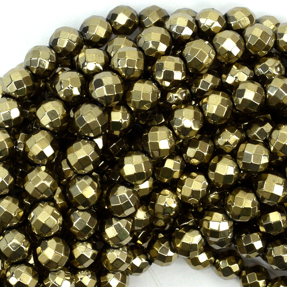 Faceted Pyrite Colored Hematite Round Beads 15.5" Strand 4mm 6mm 8mm - Eagle Beadz