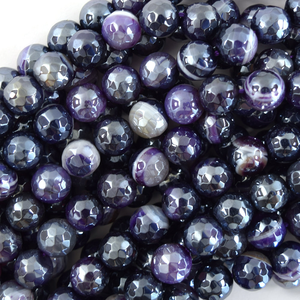 Mystic Titanium Faceted Purple Stripe Agate Round Beads 15" Strand 6mm 8mm 10mm - Eagle Beadz