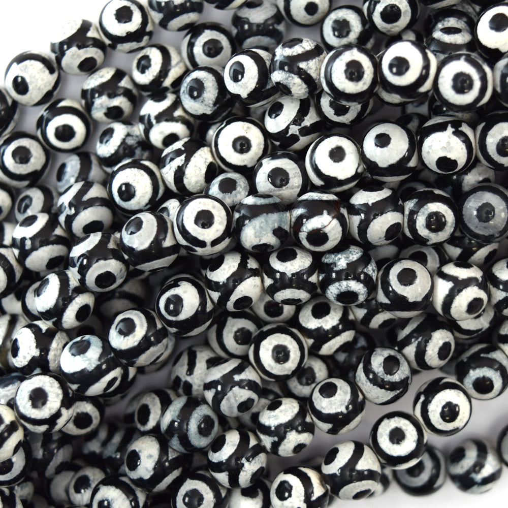 Black White Tibetan DZI Agate Round Beads 15" Strand 6mm 8mm 10mm Evil Eye - Eagle Beadz