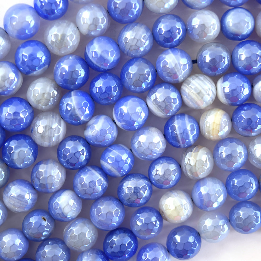 Mystic Titanium Faceted Blue Stripe Agate Round Beads 15" Strand 6mm 8mm 10mm S1 - Eagle Beadz