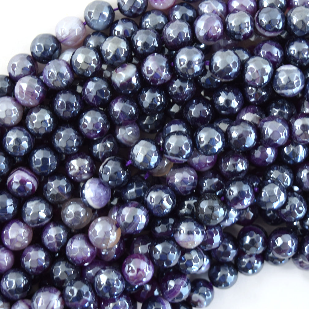 Mystic Titanium Faceted Purple Stripe Agate Round Beads 15" Strand 6mm 8mm 10mm - Eagle Beadz