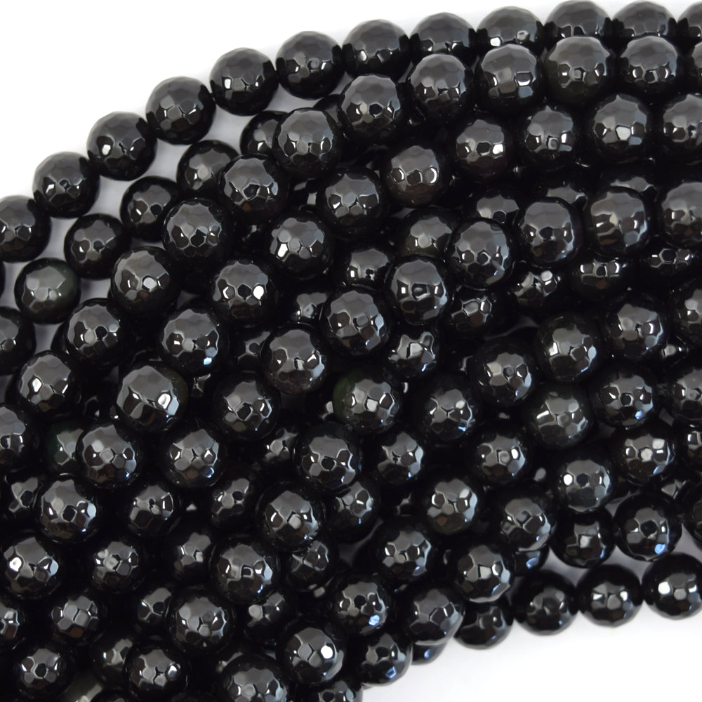 Natural Faceted Black Obsidian Round Beads 15" Strand 3mm 4mm 6mm 8mm 10mm 12mm - Eagle Beadz