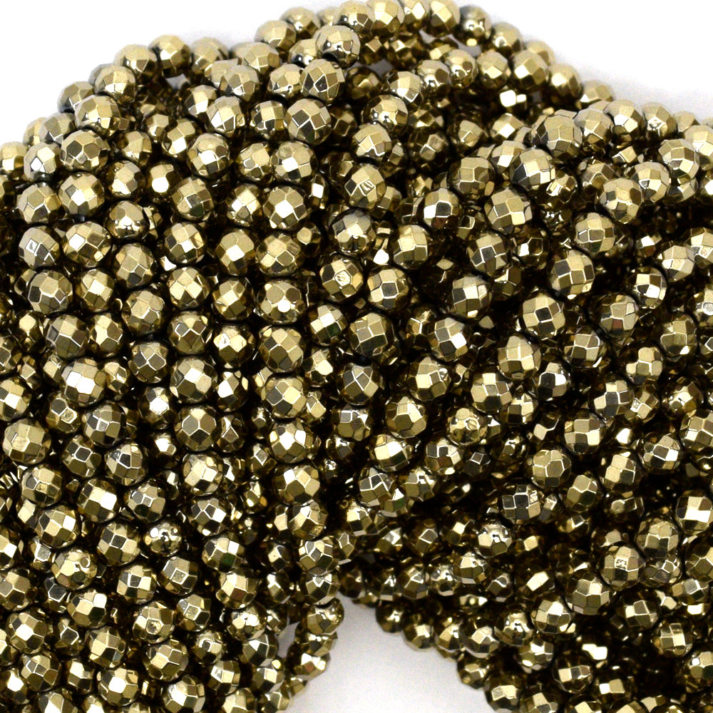 Faceted Pyrite Colored Hematite Round Beads 15.5" Strand 4mm 6mm 8mm - Eagle Beadz