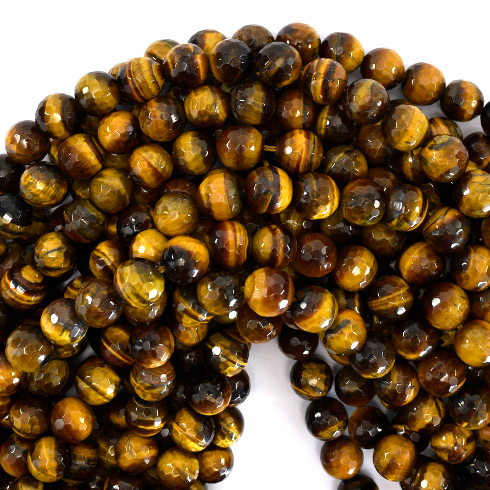 Natural Faceted Tiger Eye Round Beads Gemstone 14.5"Strand 4mm 6mm 8mm 10mm 12mm - Eagle Beadz