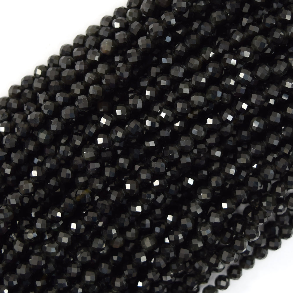 Natural Faceted Black Obsidian Round Beads 15" Strand 3mm 4mm 6mm 8mm 10mm 12mm - Eagle Beadz