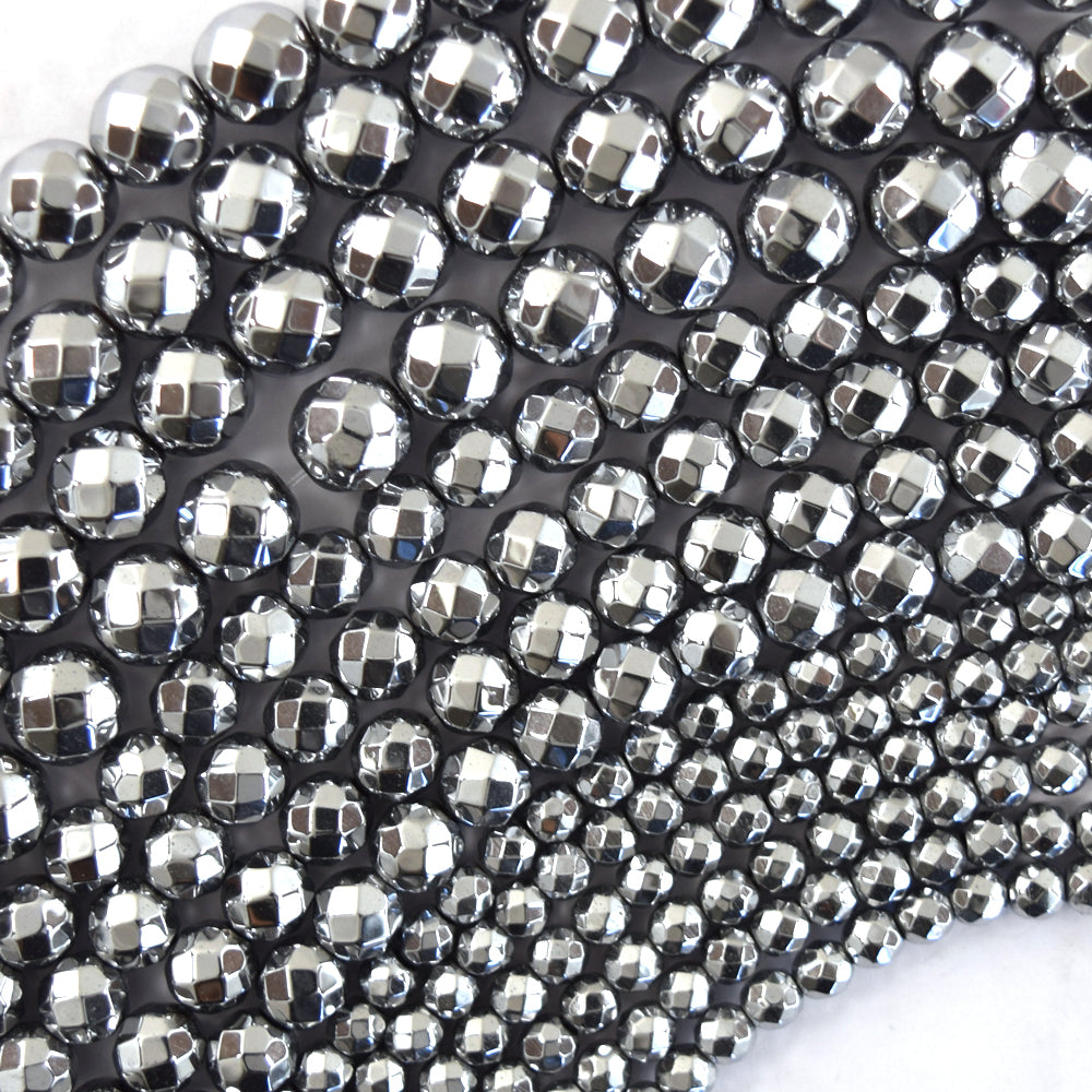 Faceted Silver Hematite Round Beads Gemstone 15.5" Strand 4mm 6mm 8mm - Eagle Beadz