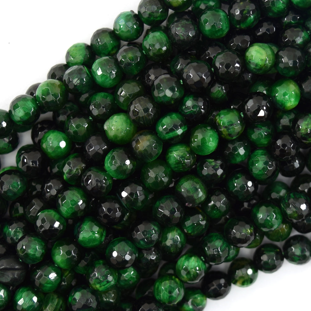 Faceted Green Tiger Eye Round Beads Gemstone 15" Strand 6mm 8mm 10mm