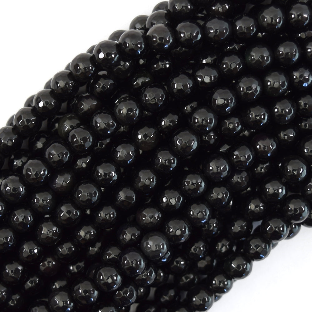 Natural Faceted Black Obsidian Round Beads 15" Strand 3mm 4mm 6mm 8mm 10mm 12mm - Eagle Beadz