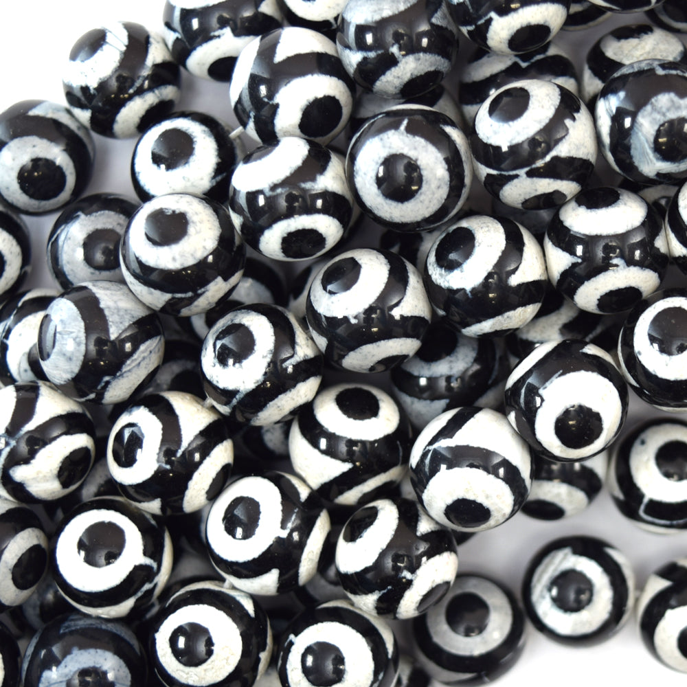 Black White Tibetan DZI Agate Round Beads 15" Strand 6mm 8mm 10mm Evil Eye - Eagle Beadz