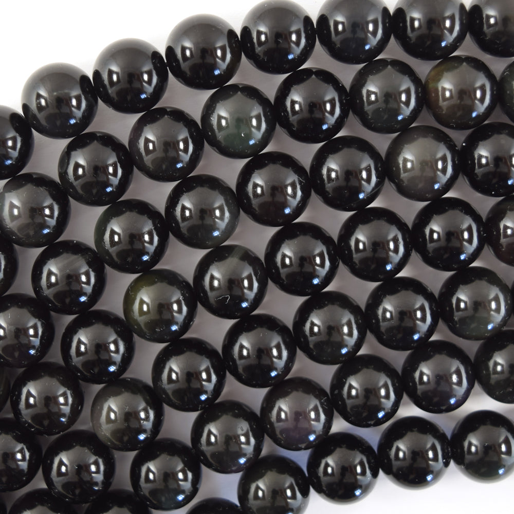 Natural Rainbow Black Obsidian Round Beads 15" Strand 3mm 4mm 6mm 8mm 10mm 12mm - Eagle Beadz