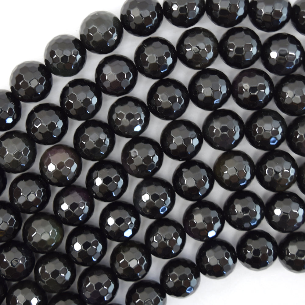 Natural Faceted Black Obsidian Round Beads 15" Strand 3mm 4mm 6mm 8mm 10mm 12mm - Eagle Beadz