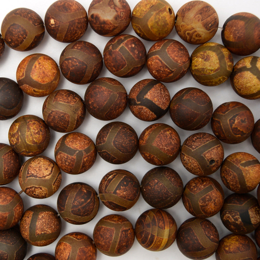 Matte Brown Tibetan DZI Agate Round Beads 14" Strand 6mm 8mm 10mm 12mm Football