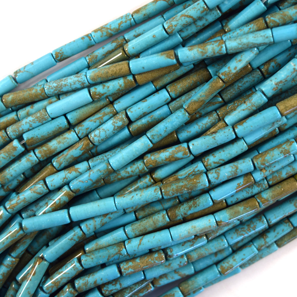 13mm brown matrix blue turquoise tube beads 15.5" strand S2