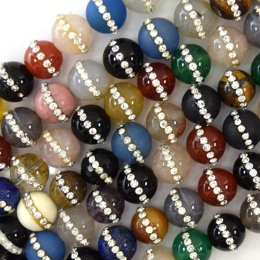 Multi Stones Round Beads With Rhinestone inlaid 15" Strand 6mm 8mm 10mm 12mm