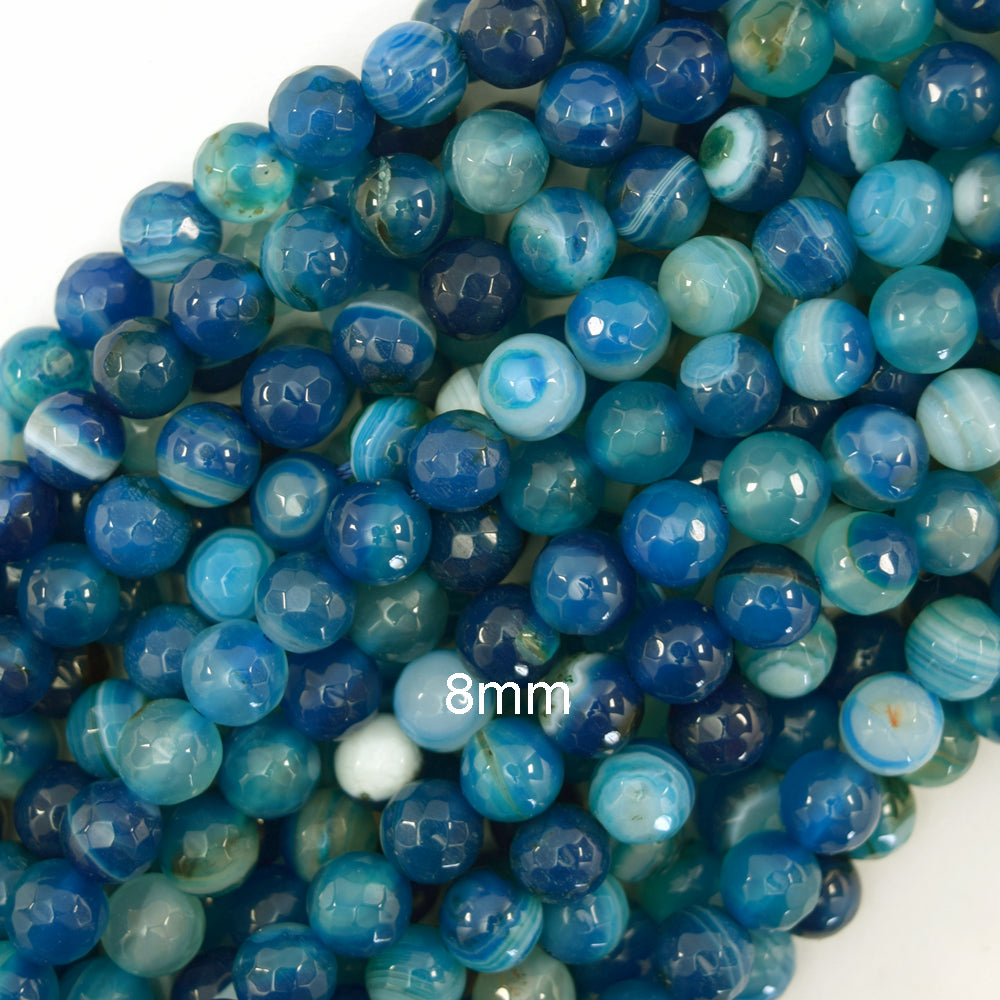 8mm faceted blue stripe agate round beads 15" strand