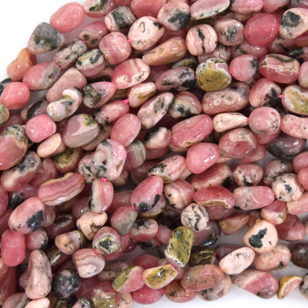 6mm - 10mm natural Argentina pink rhodochrosite pebble nugget beads 15.5" strand
