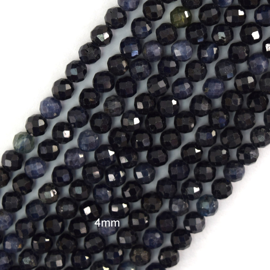 Natural Genuine Faceted Blue Sapphire Round Beads Gemstone 15.5" Strand 3mm 4mm