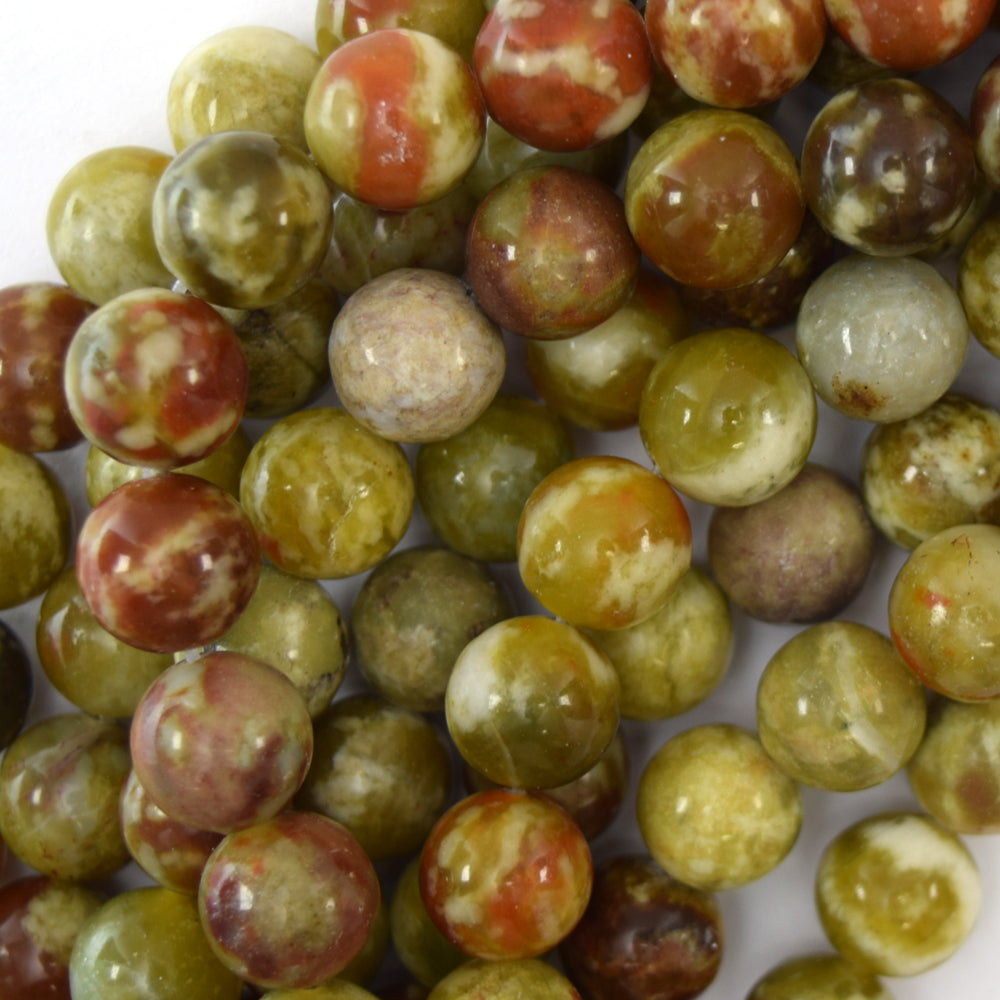 Natural Russian Orange Green Serpentine Round Beads 15.5" Strand 6mm 8mm 10mm