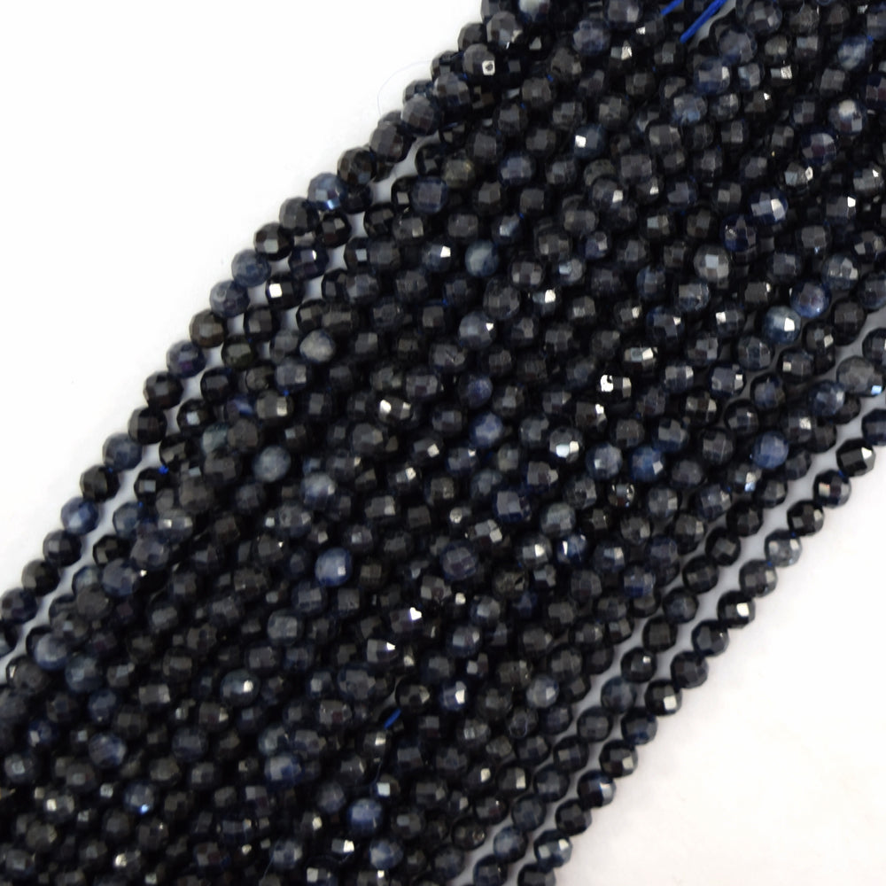 Natural Genuine Faceted Blue Sapphire Round Beads Gemstone 15.5" Strand 3mm 4mm