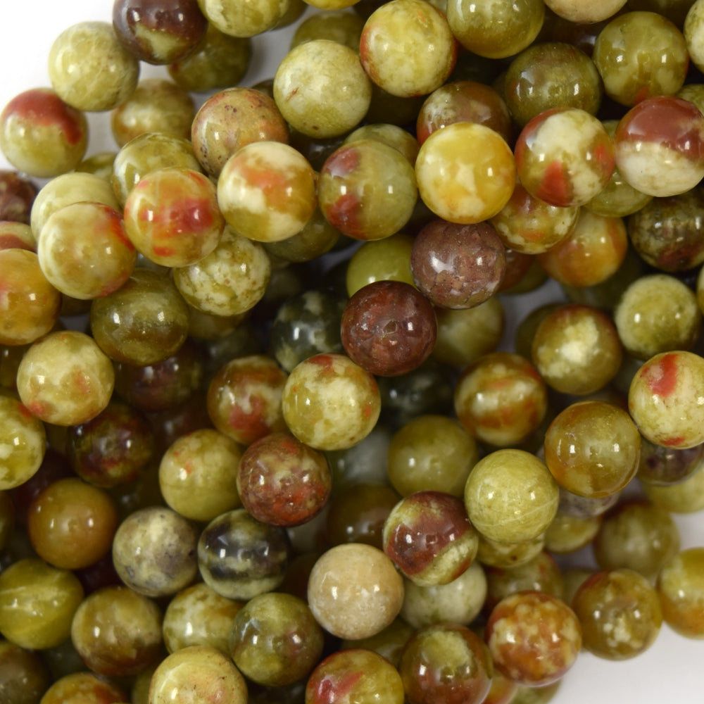 Natural Russian Orange Green Serpentine Round Beads 15.5" Strand 6mm 8mm 10mm