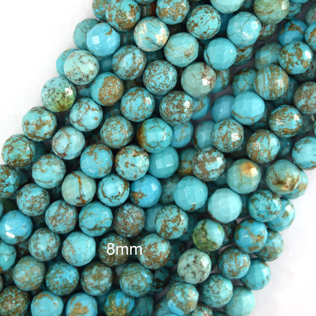 Faceted Blue Turquoise Round Beads 15.5" 2mm 4mm 6mm 8mm 10mm S2 Brown Matrix - Eagle Beadz