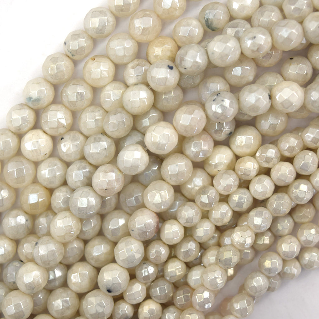 Mystic Titanium Faceted Cream White Moonstone Round Beads 14.5" Strand 6mm 8mm - Eagle Beadz