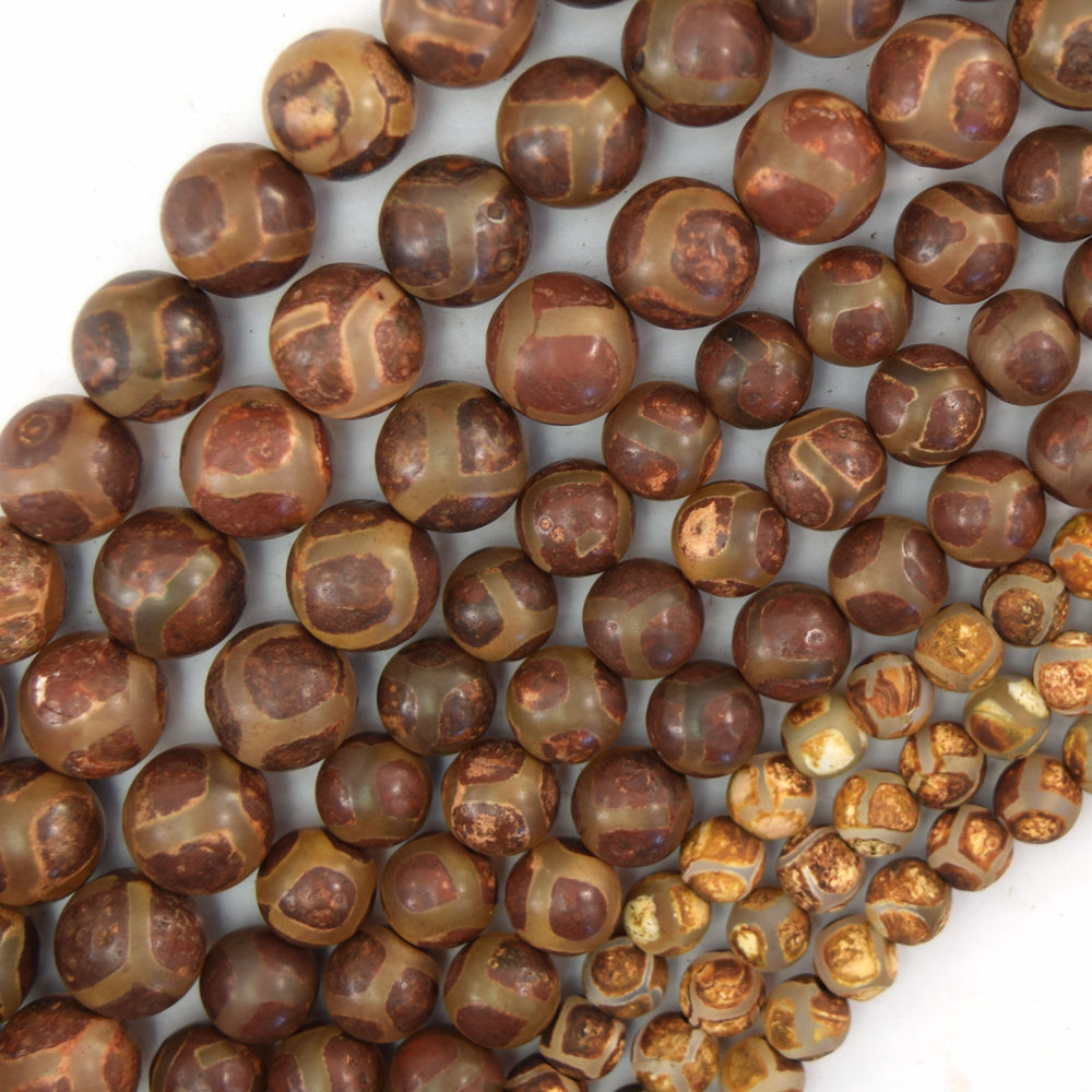 Matte Brown Tibetan DZI Agate Round Beads 14" Strand 6mm 8mm 10mm 12mm Football