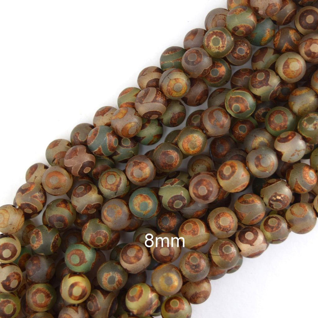 Matte Green Brown Tibetan DZI Agate Round Beads 15" 6mm 8mm 10mm Evil Eye - Eagle Beadz