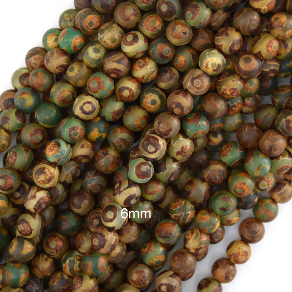 Matte Green Brown Tibetan DZI Agate Round Beads 15" 6mm 8mm 10mm Evil Eye - Eagle Beadz