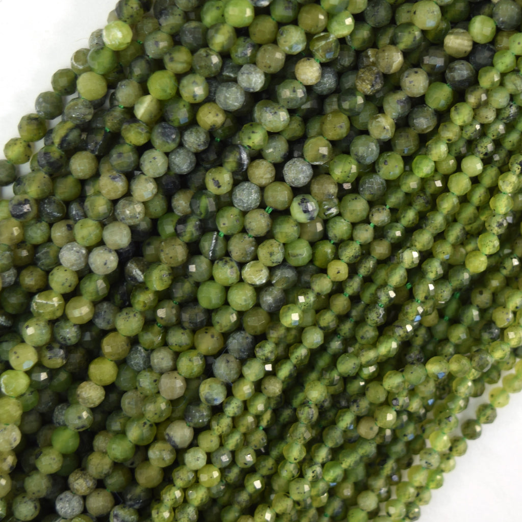 Natural Micro Faceted Canadian Green Nephrite Jade Round Beads 15.5" 3mm 4mm - Eagle Beadz