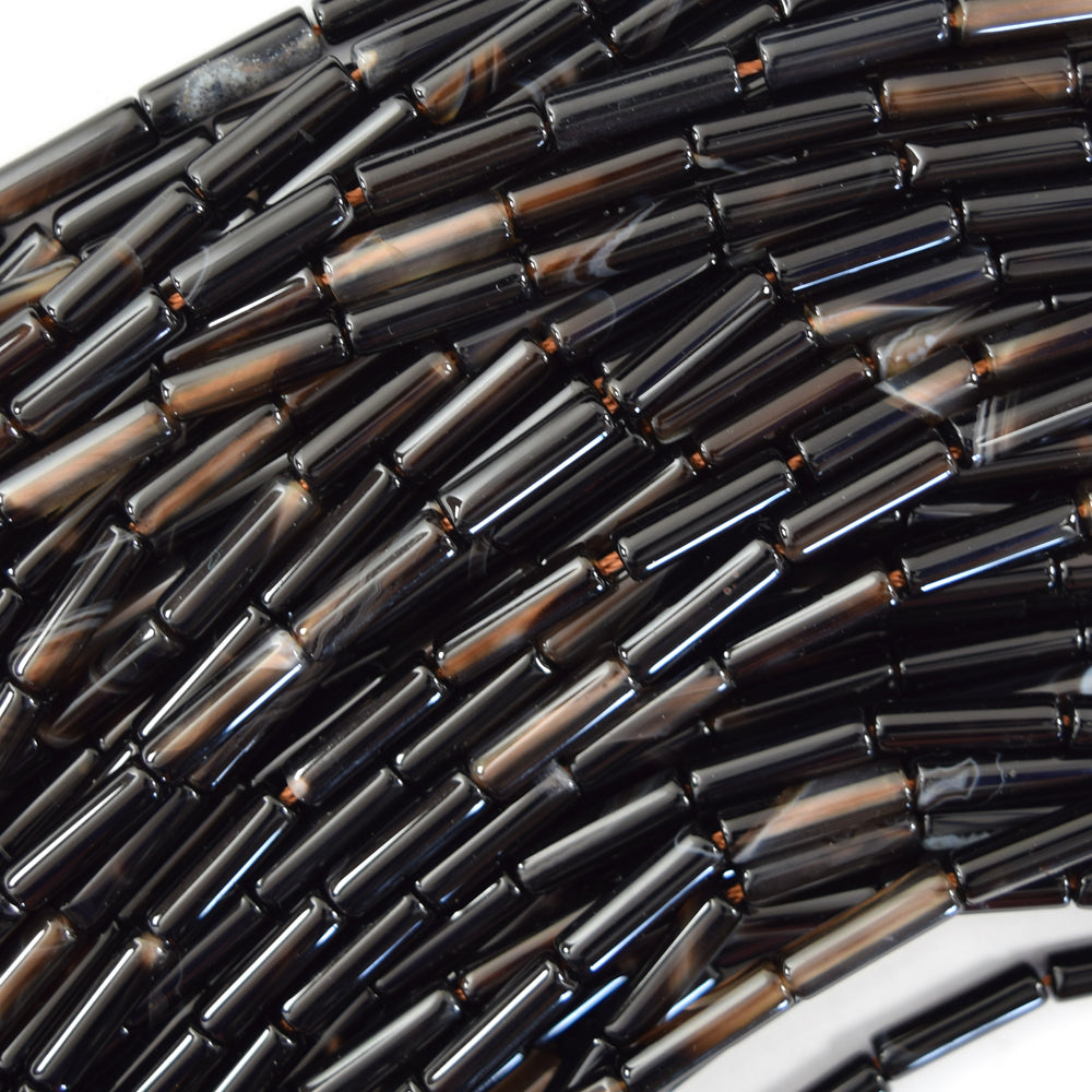 13mm natural black onyx tube beads 15.5" strand 4x13mm