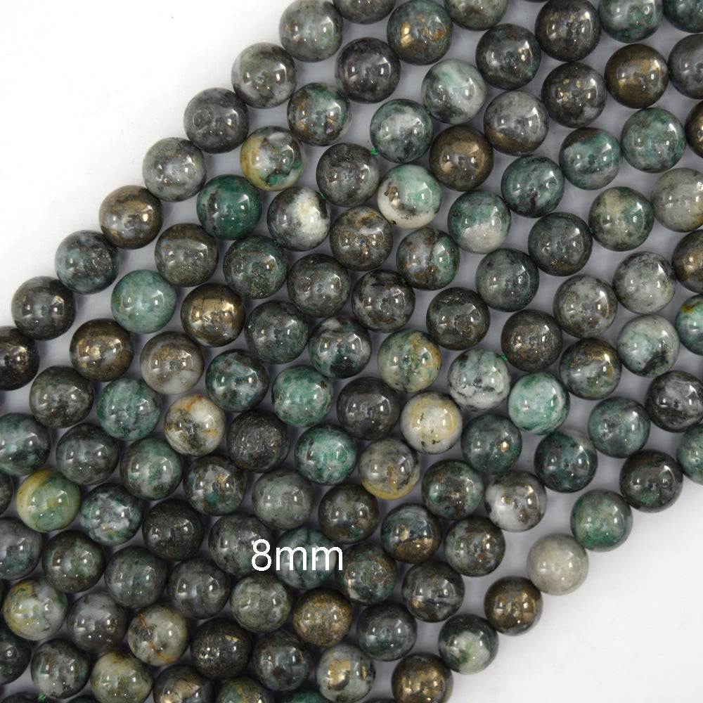Rare Natural Pyrite In Blue Green Jade Round Beads 15" Strand 6mm 8mm 10mm