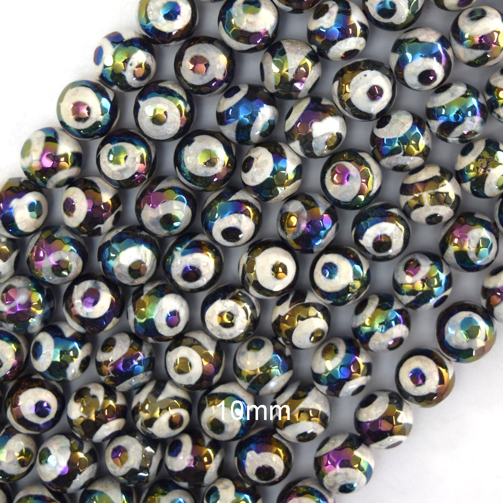 Mystic Titanium Faceted Black Tibetan DZI Agate Round Beads 15" 6mm 8mm 10mm Eye