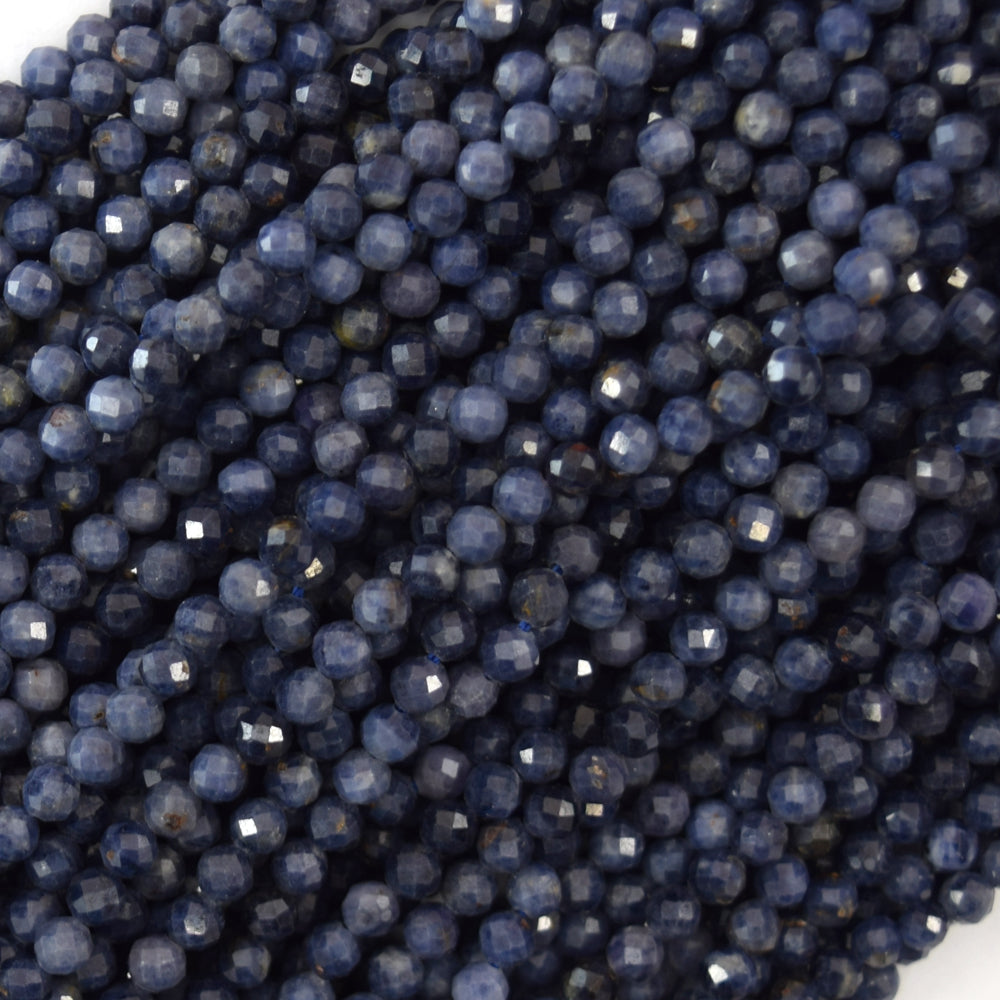Natural Genuine Faceted Blue Sapphire Round Beads Gemstone 15.5" Strand 3mm 4mm