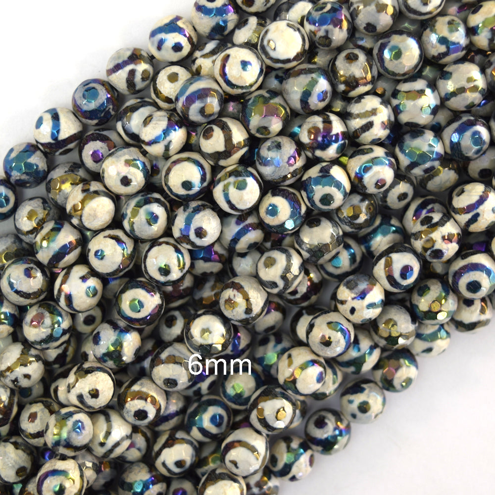 Mystic Titanium Faceted Black Tibetan DZI Agate Round Beads 15" 6mm 8mm 10mm Eye