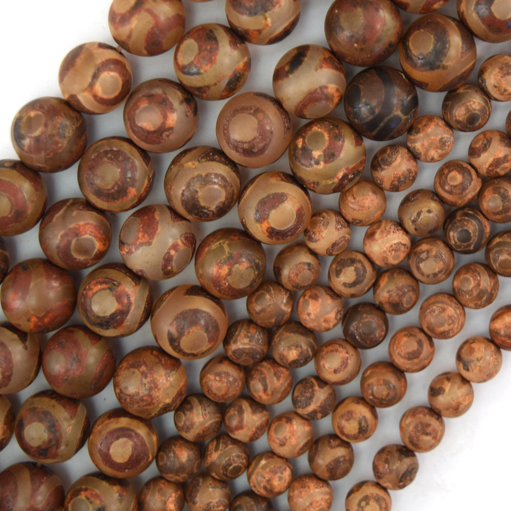 Matte Brown Tibetan DZI Agate Round Beads 15" Strand 6mm 8mm 10mm Evil Eye