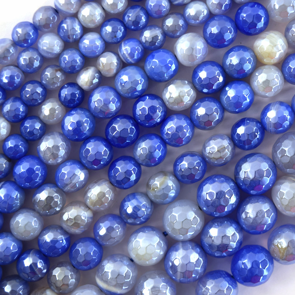Mystic Titanium Faceted Blue Stripe Agate Round Beads 15" Strand 6mm 8mm 10mm S1