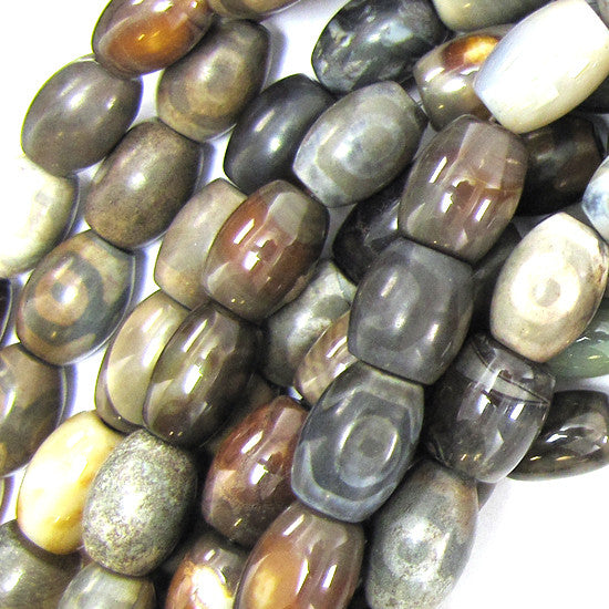 14mm grey brown agate barrel beads 12" strand