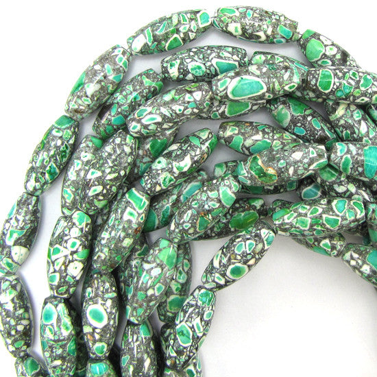 25mm green mosaic flower turquoise barrel beads 16" strand
