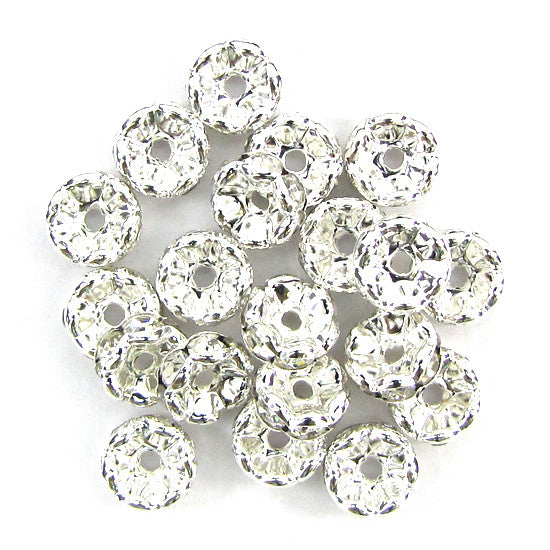 15 10mm silver plated rhinestone rondelle beads Clear findings