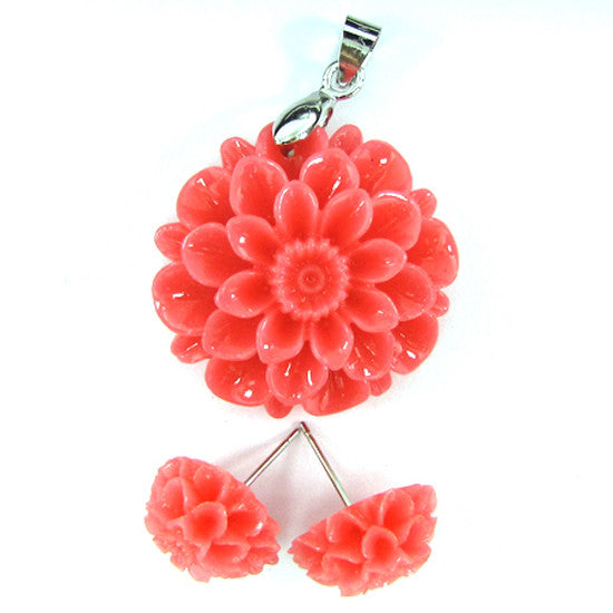 30mm synthetic coral carved chrysanthemum flower pendant earring pair pink