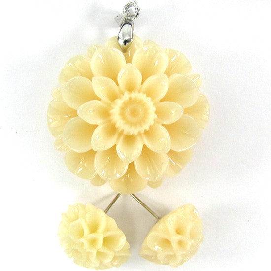 36mm synthetic coral carved chrysanthemum flower pendant earring pair cream
