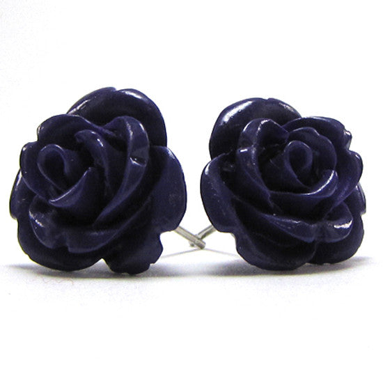 15mm synthetic coral carved rose flower earring pair purple