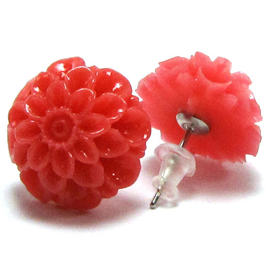 15mm synthetic coral carved chrysanthemum flower earring pair rose pink