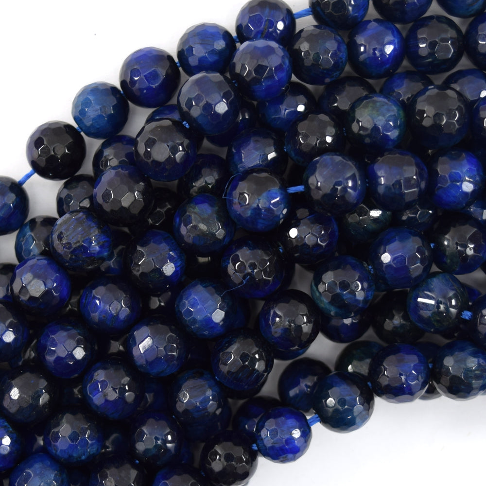 AA Faceted Blue Tiger Eye Round Beads Gemstone 15" Strand 6mm 8mm 10mm