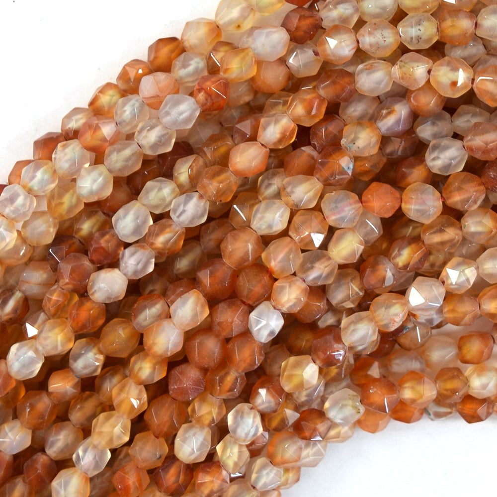 Natural Star Cut Faceted Carnelian Round Beads Gemstone 15" Strand 6mm 8mm 10mm