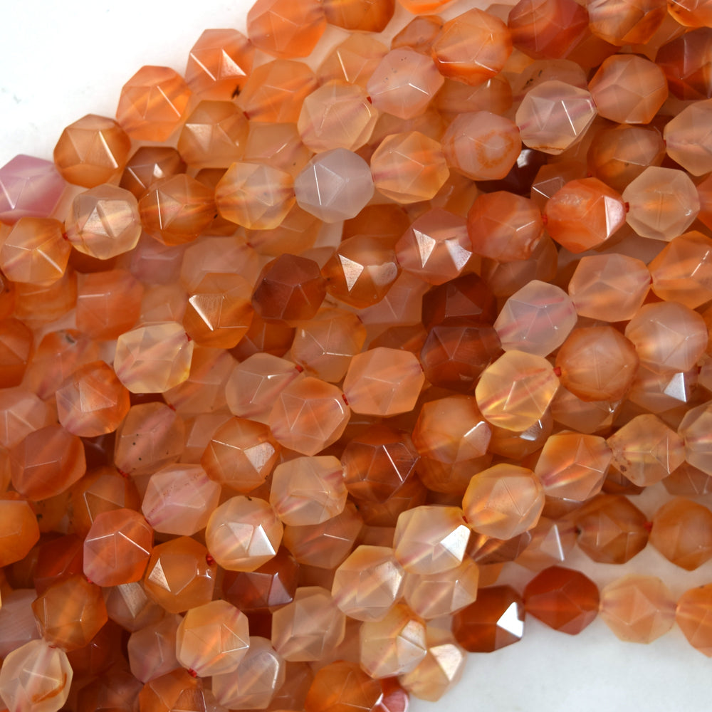 Natural Star Cut Faceted Carnelian Round Beads Gemstone 15" Strand 6mm 8mm 10mm