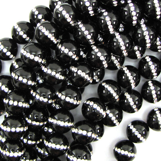 12mm black onyx round beads with rhinestone inlaid 15" strand