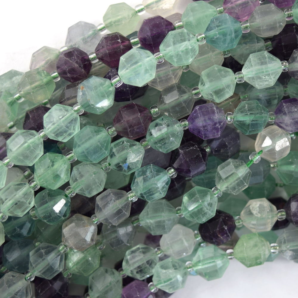 Natural Rainbow Fluorite Prism Double Point Cut Faceted Beads 15.5" 10mm